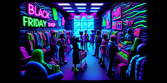a dark and neon colored Claymation image of shoppers in a store on black Friday