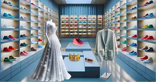 a room lined with shelves of sneakers. In the middle is a mannequin wearing a white sparkling halter dress, a grey cardigan on a hanger and platforms displaying red shoes, a gold crown and brown sunglasses