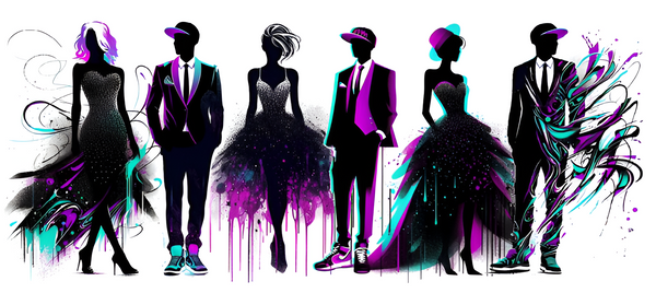 silhouettes of fashionable men and women standing next to each other