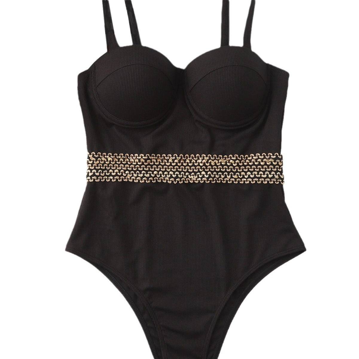 One-Piece Gold Band Adjustable Shoulder Strap Swimsuit - Lunacy Deals & Designs