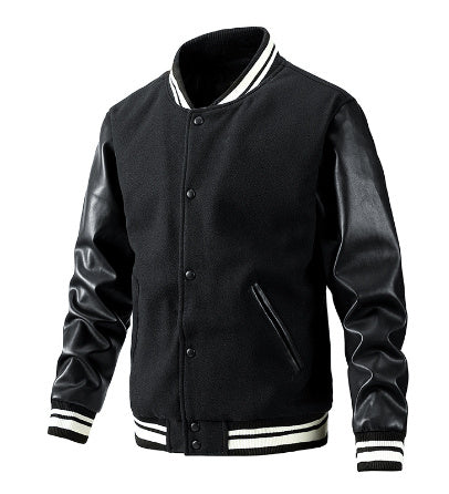 Black varsity jacket with leather sleeves on a white background