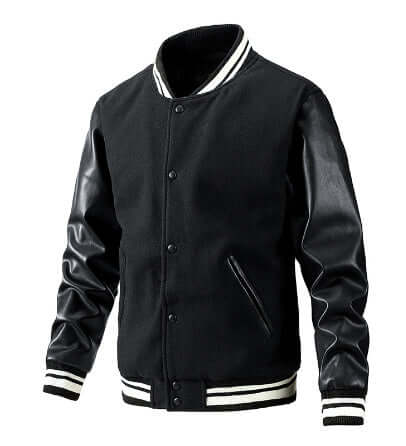 Black varsity jacket with leather sleeves on a white background