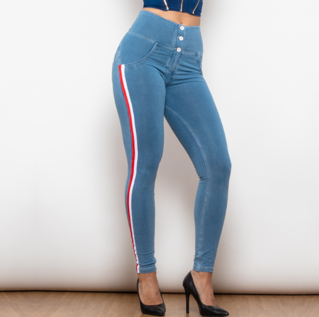 Blue jeans with red and white stripes on a plain background