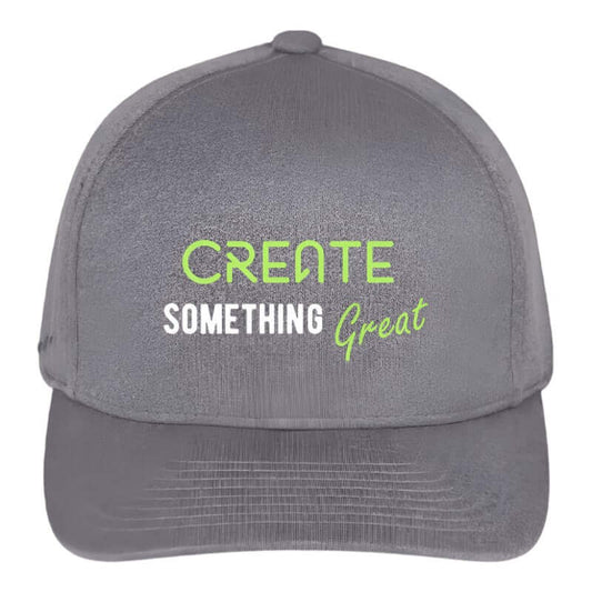 Gray cap with 'Create Something Great' text in green and white on a white background