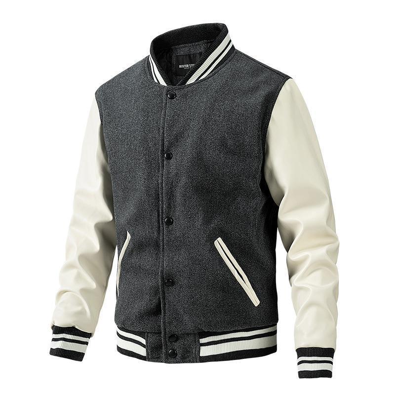 Gray and white varsity jacket on a white background