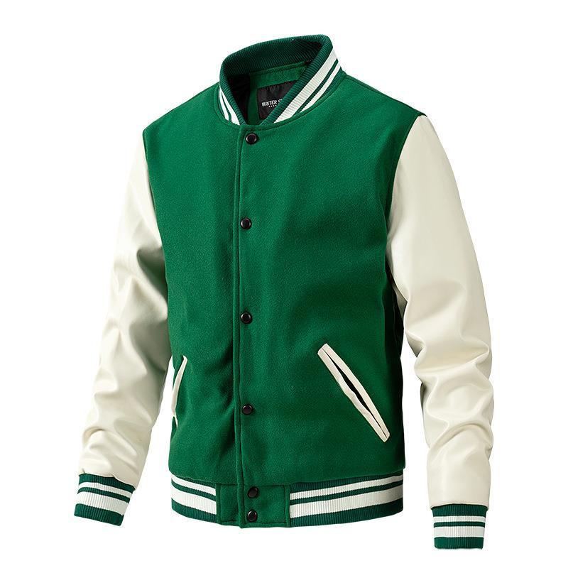 Green and white varsity jacket on a white background