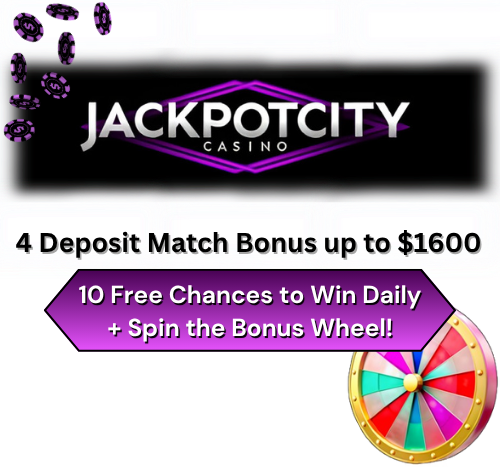 Promotional graphic for Jackpot City Casino with deposit match bonus offer and spinning wheel.