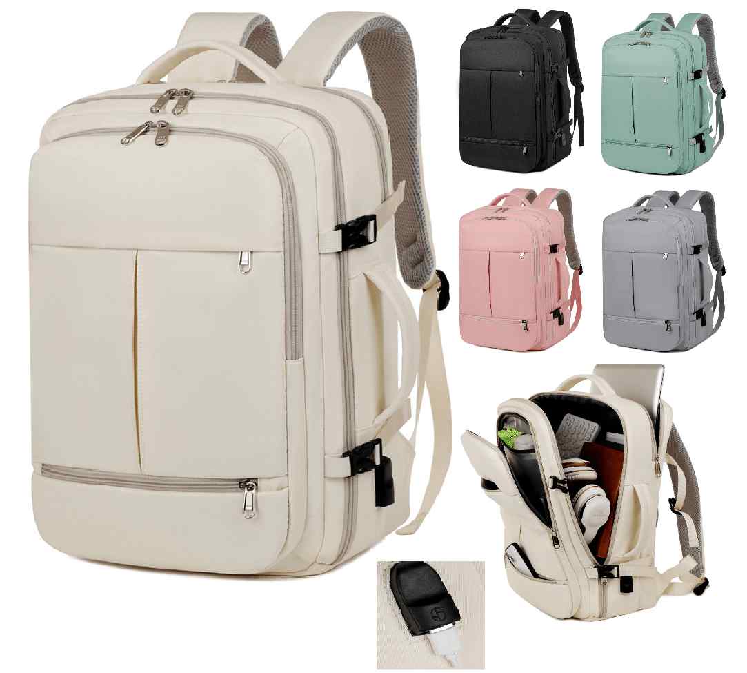 Beige backpack with additional images of different colored backpacks on a white background