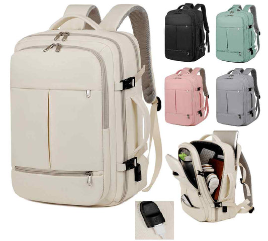 Beige backpack with additional images of different colored backpacks on a white background
