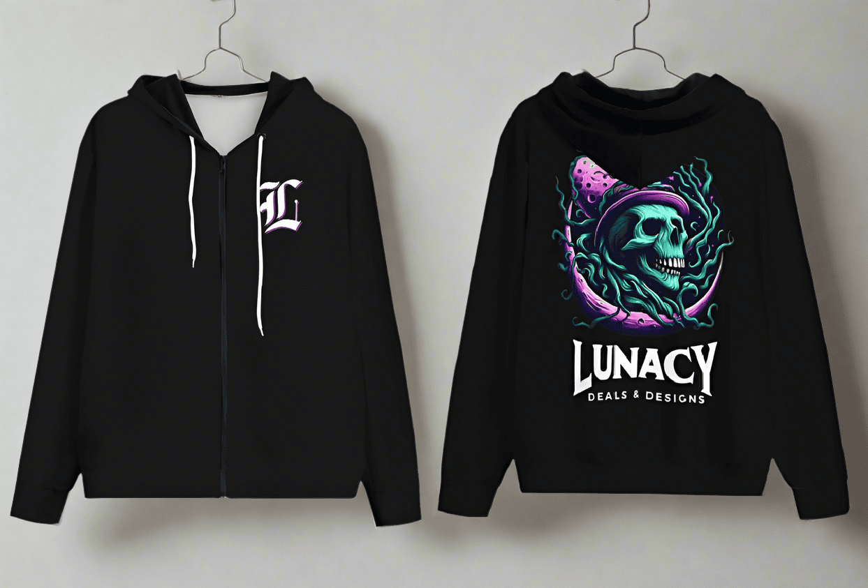 Two black hoodies with logos on a white background