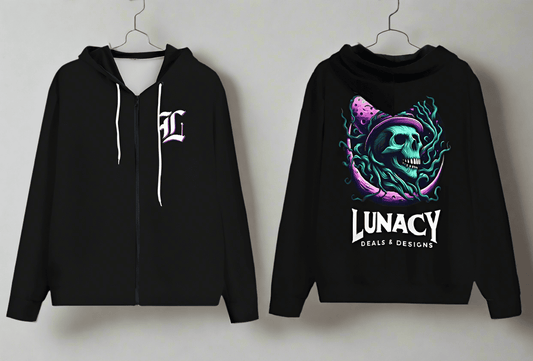 Two black hoodies with logos on a white background