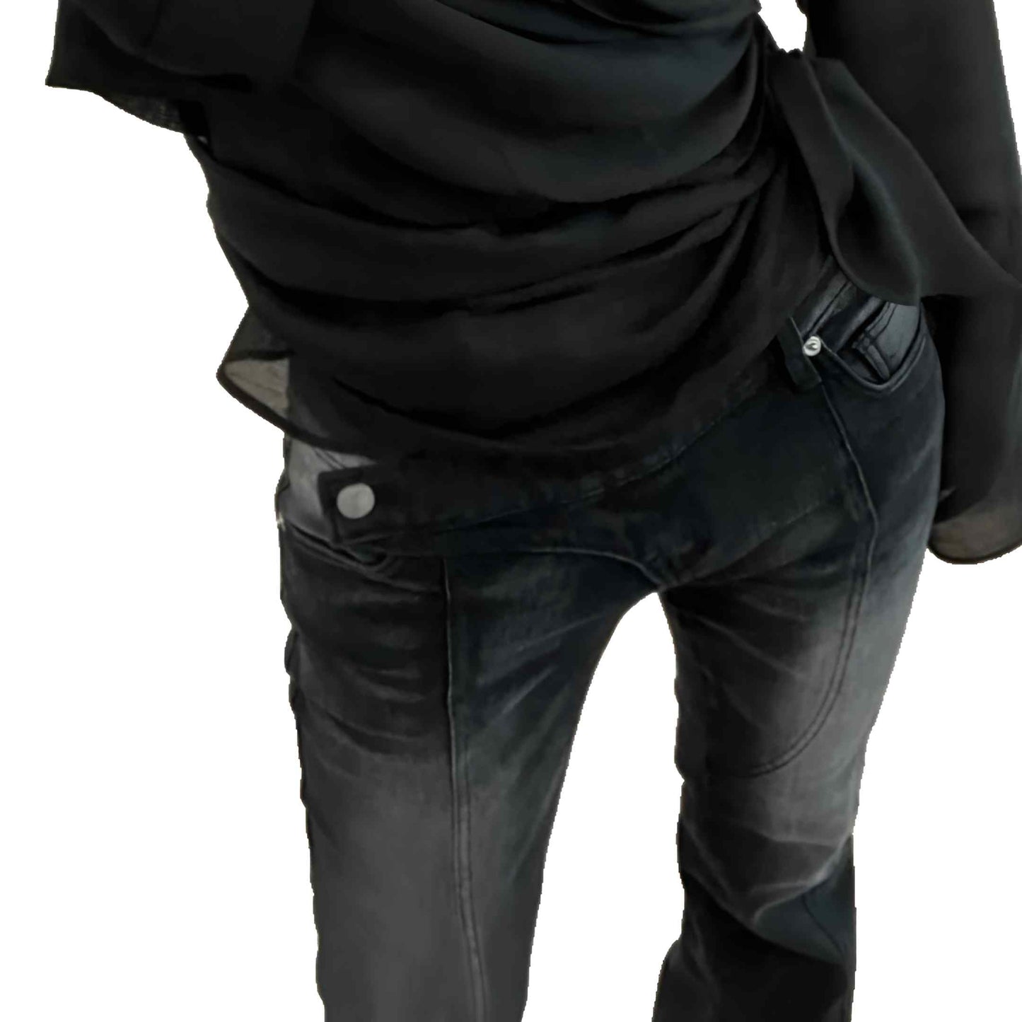 Person wearing a black shirt and dark jeans on a white background