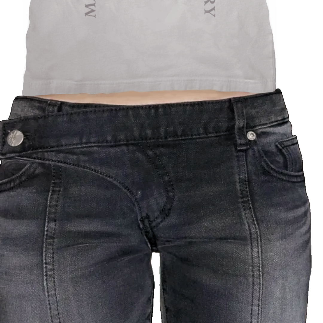 Black jeans with silver buttons worn by a person on a white background