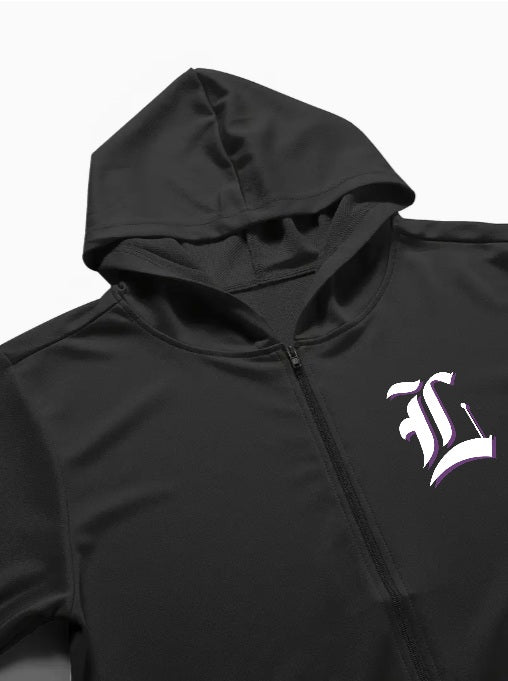 Black hoodie with a white logo on a white background