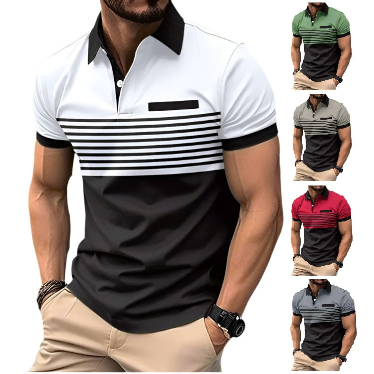 A collection of men's casual striped polo shirts in various colors, featuring a collar and button placket, with the main focus on a black and white horizontally striped shirt.