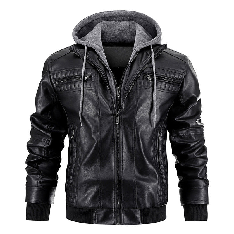 Men's Faux Leather Hooded Jacket zipper pockets