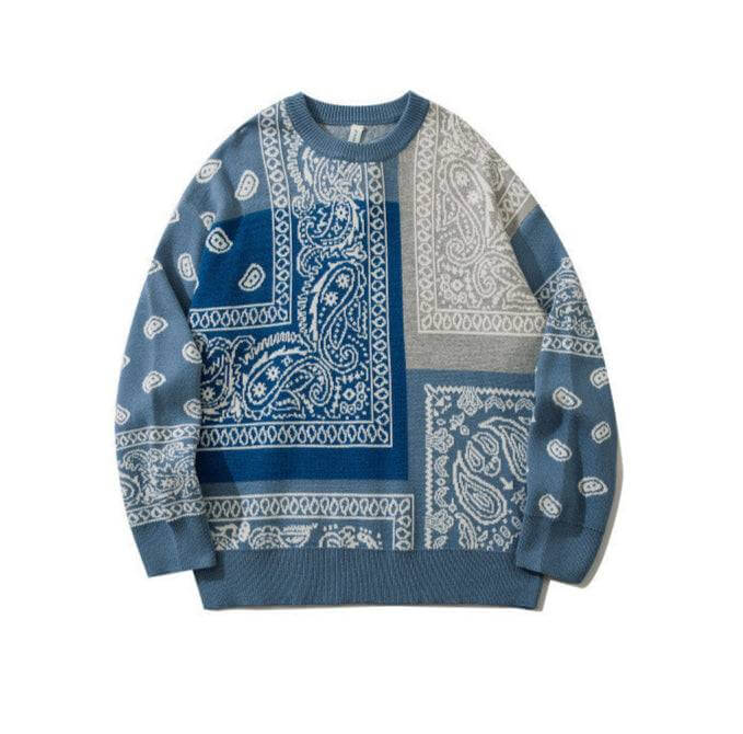 Men's Knitted Paisley Print Sweater - blue