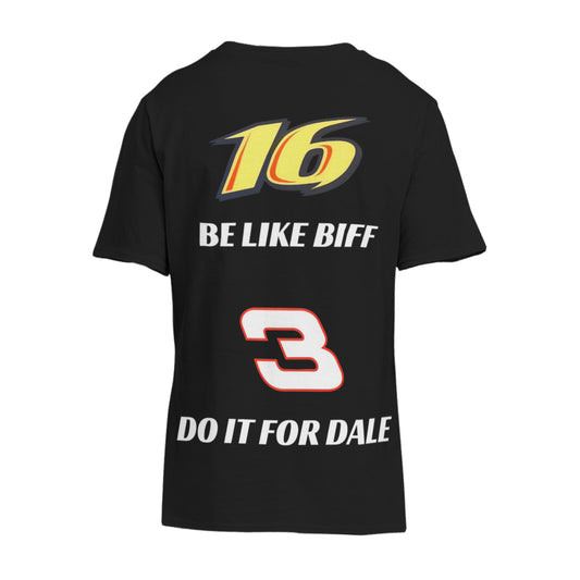 Black t-shirt with text and numbers on a white background