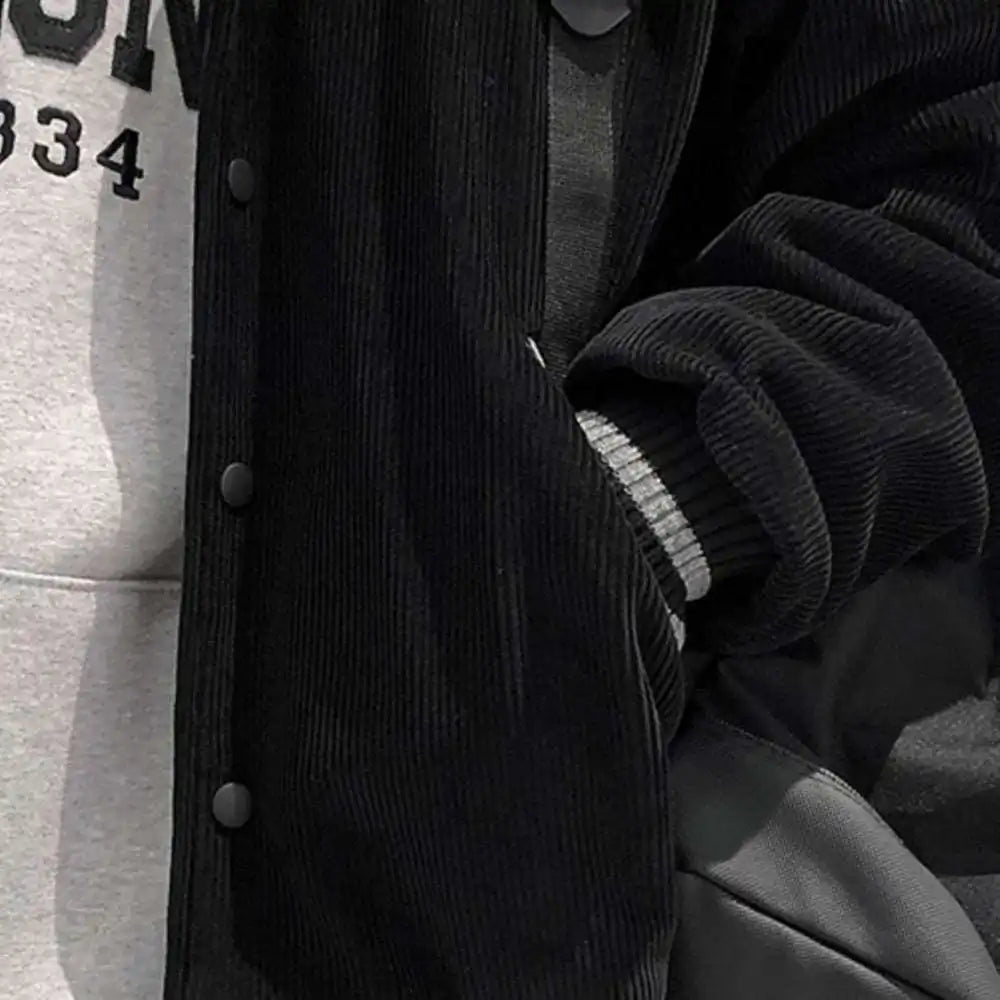 Men's Black & White Corduroy Varsity-Style Jacket - Lunacy Deals & Designs