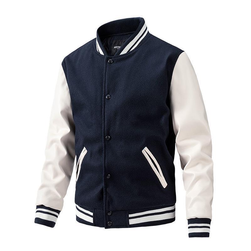 Navy and white varsity jacket on a white background