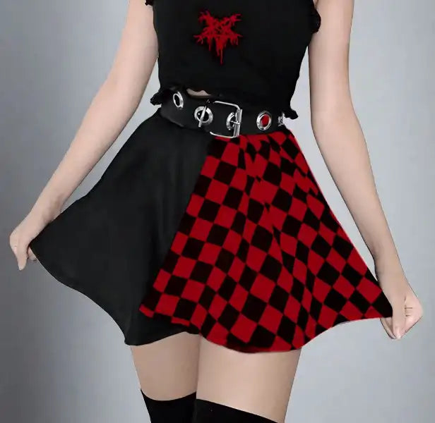 Red Dual-Tone Short Checkered A-Line Skirt - Lunacy Deals & Designs