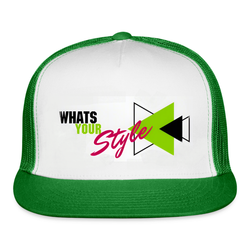 White trucker hat with green rim and pink text 'Whats Your Style' on a white background