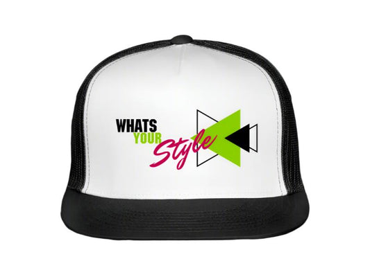 White and black cap with 'What's Your Style' text and design on a white background