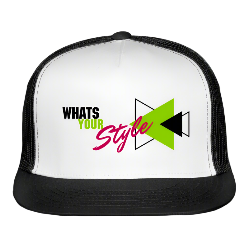 Trucker hat with 'What's Your Style' text and design on a white background