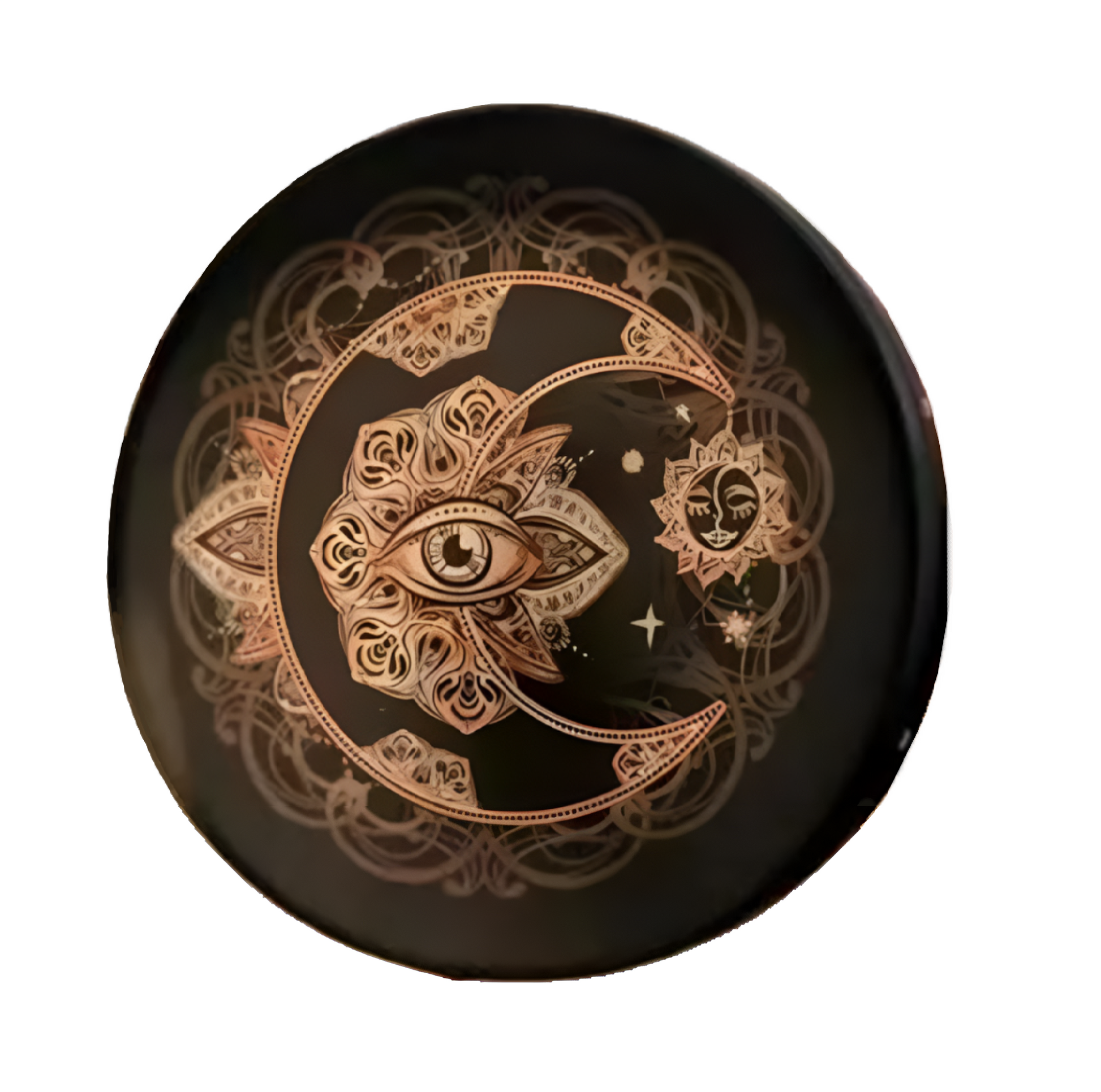 Decorative drum with intricate designs including a moon, eye, and star on a black background