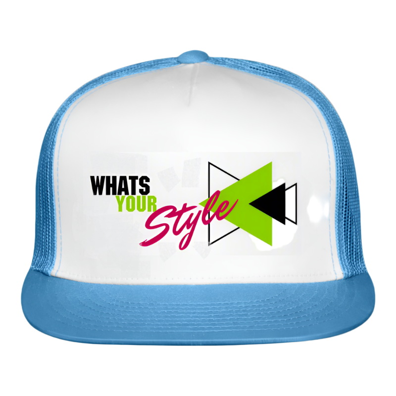 Trucker hat with 'What's Your Style' text and design on a white background