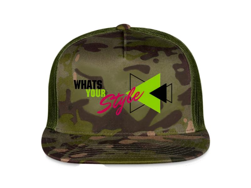 Camouflage cap with 'What's Your Style' text and logo on a white background