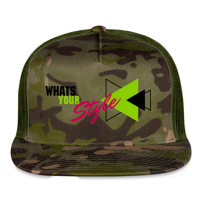 Camouflage cap with 'What's Your Style' text and logo on a white background