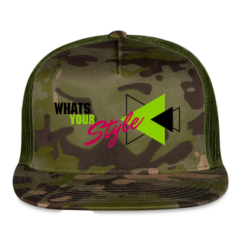 Camouflage cap with 'What's Your Style' text and logo on a white background