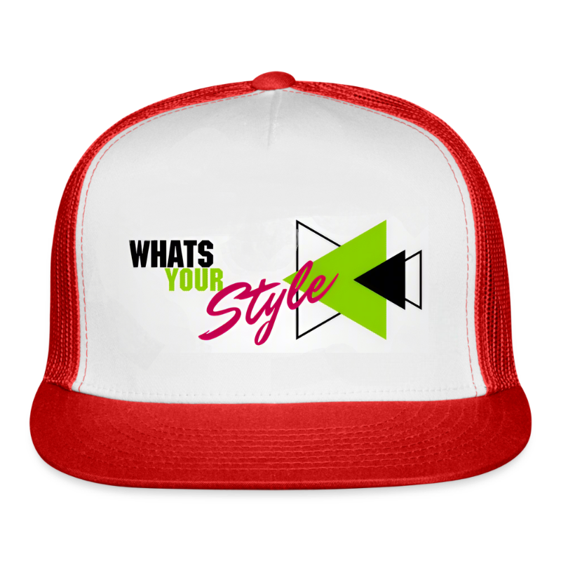 Trucker hat with 'What's Your Style' text and design on a white background