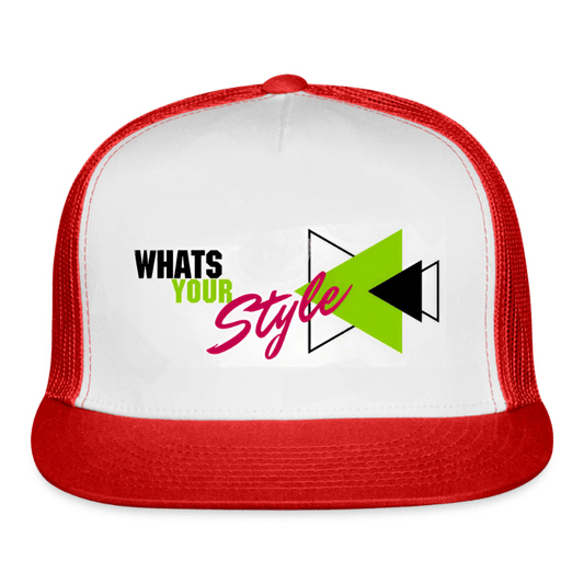 Trucker hat with 'What's Your Style' text and design on a white background
