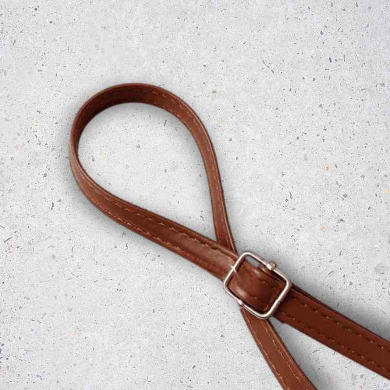 Brown leather strap with a silver buckle on a light gray background