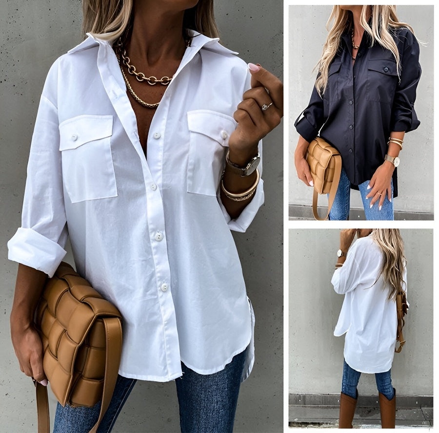 White button-up shirt worn by a person with a neutral background