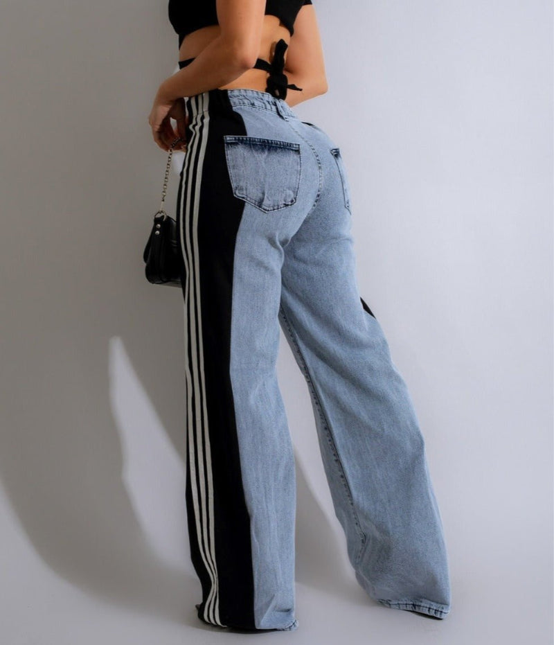 Women's Striped High Waist Straight Leg Denim Pants - Lunacy Deals & Designs