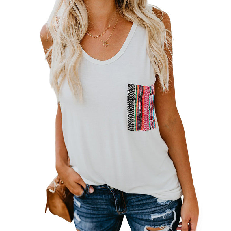 Women's Casual Aztec Design Chest Pocket Sleeveless Top - Lunacy Deals & Designs