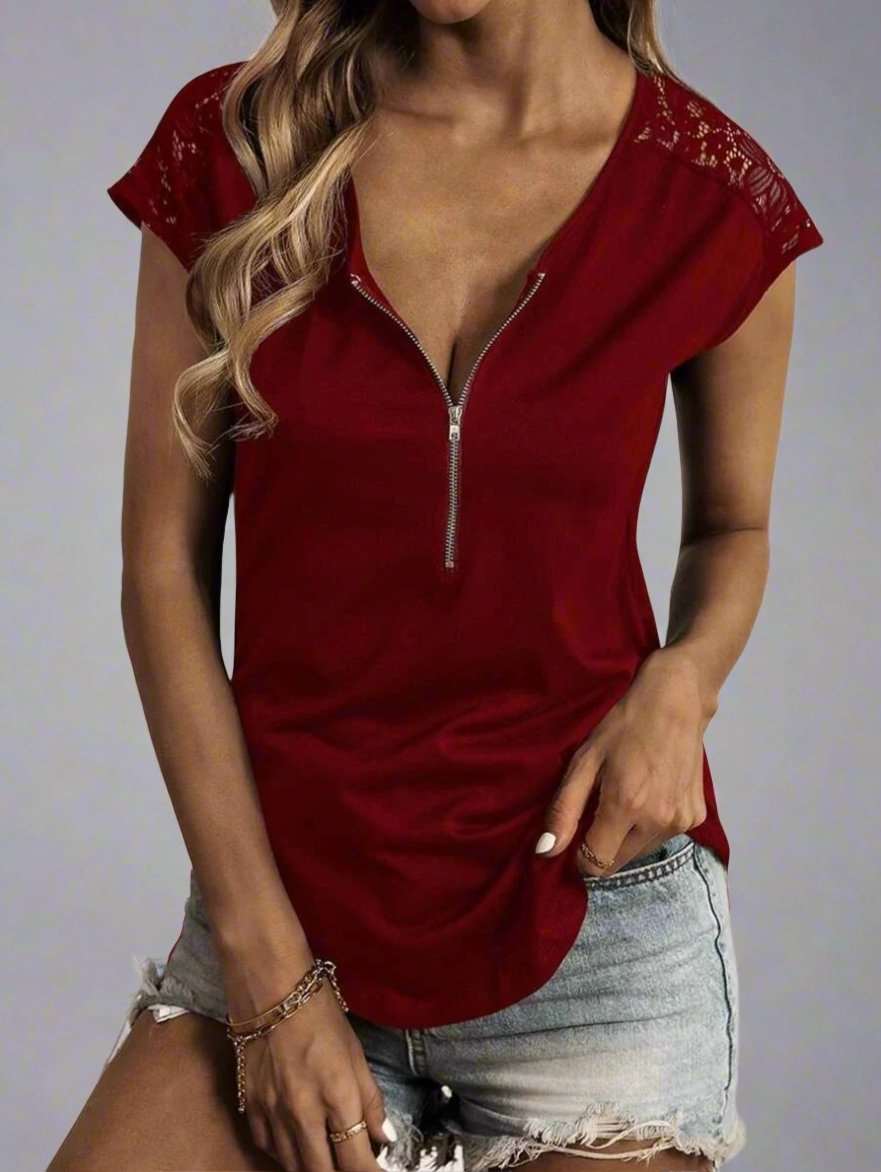 Women's Half Zip Blouse with Lace Cap Sleeves - Lunacy Deals & Designs