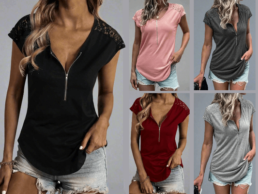 Women's Half Zip Blouse with Lace Cap Sleeves - Lunacy Deals & Designs