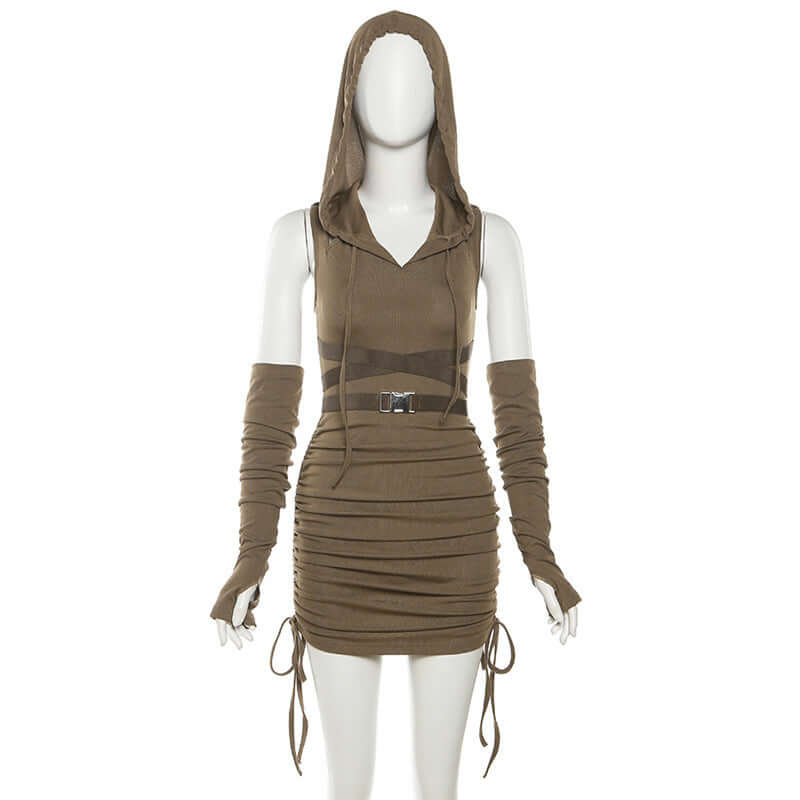 Women's Hooded Ruched Dress with Detached Sleeves - Lunacy Deals & Designs