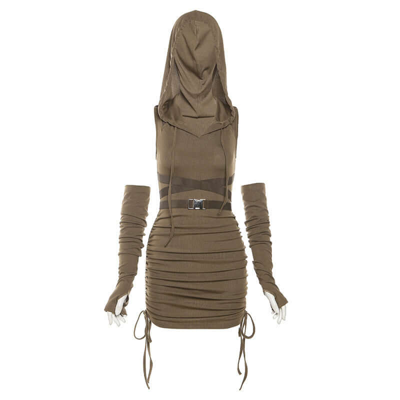 Women's Hooded Ruched Dress with Detached Sleeves - Lunacy Deals & Designs
