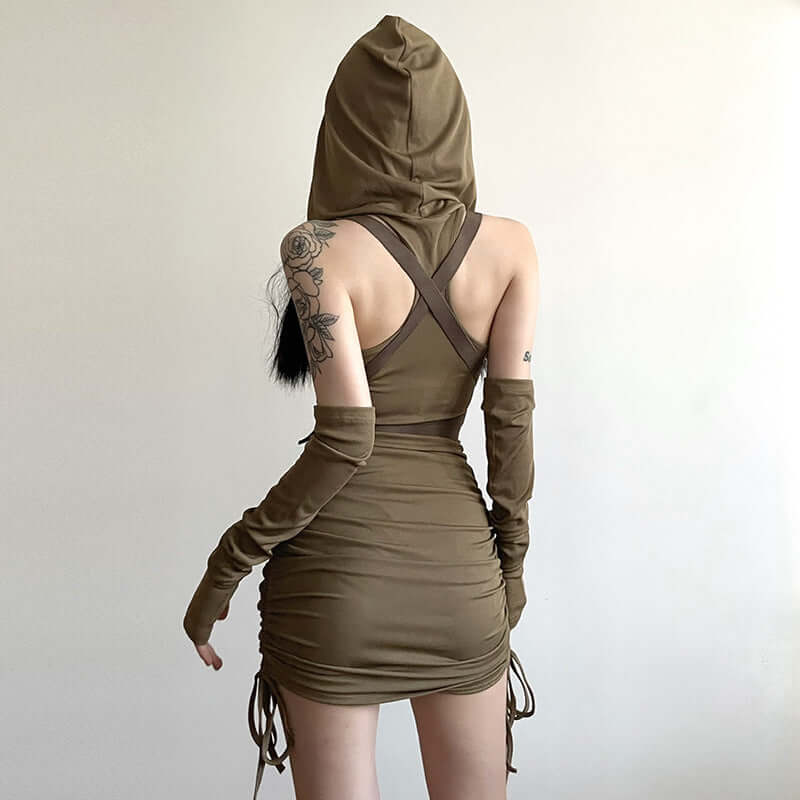 Women's Hooded Ruched Dress with Detached Sleeves - Lunacy Deals & Designs