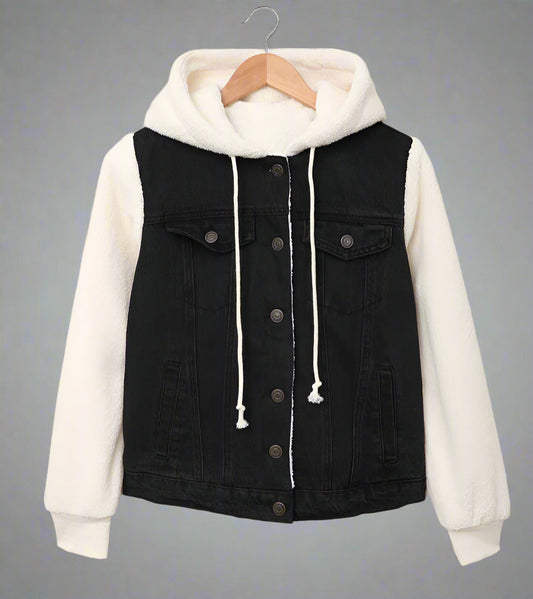 Black denim jacket with white hoodie on a hanger against a beige background