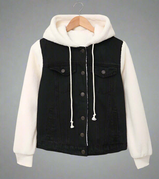 Black denim jacket with white hoodie on a hanger against a beige background