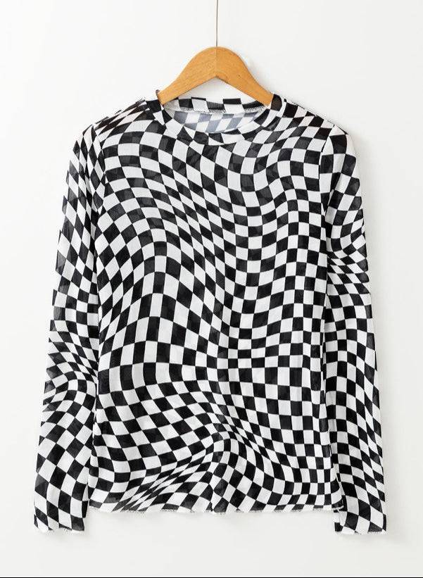 Women's Lightweight Black & White Checkered Long Sleeve Top - Lunacy Deals & Designs