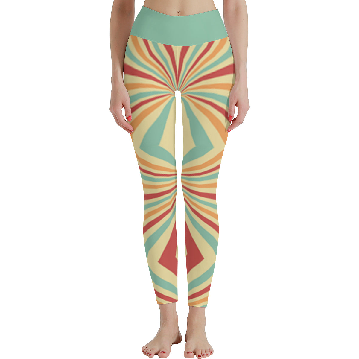 A pair of high-waisted leggings with a multicolored geometric stripe pattern. The leggings are primarily green at the top, transitioning into a series of vibrant stripes.