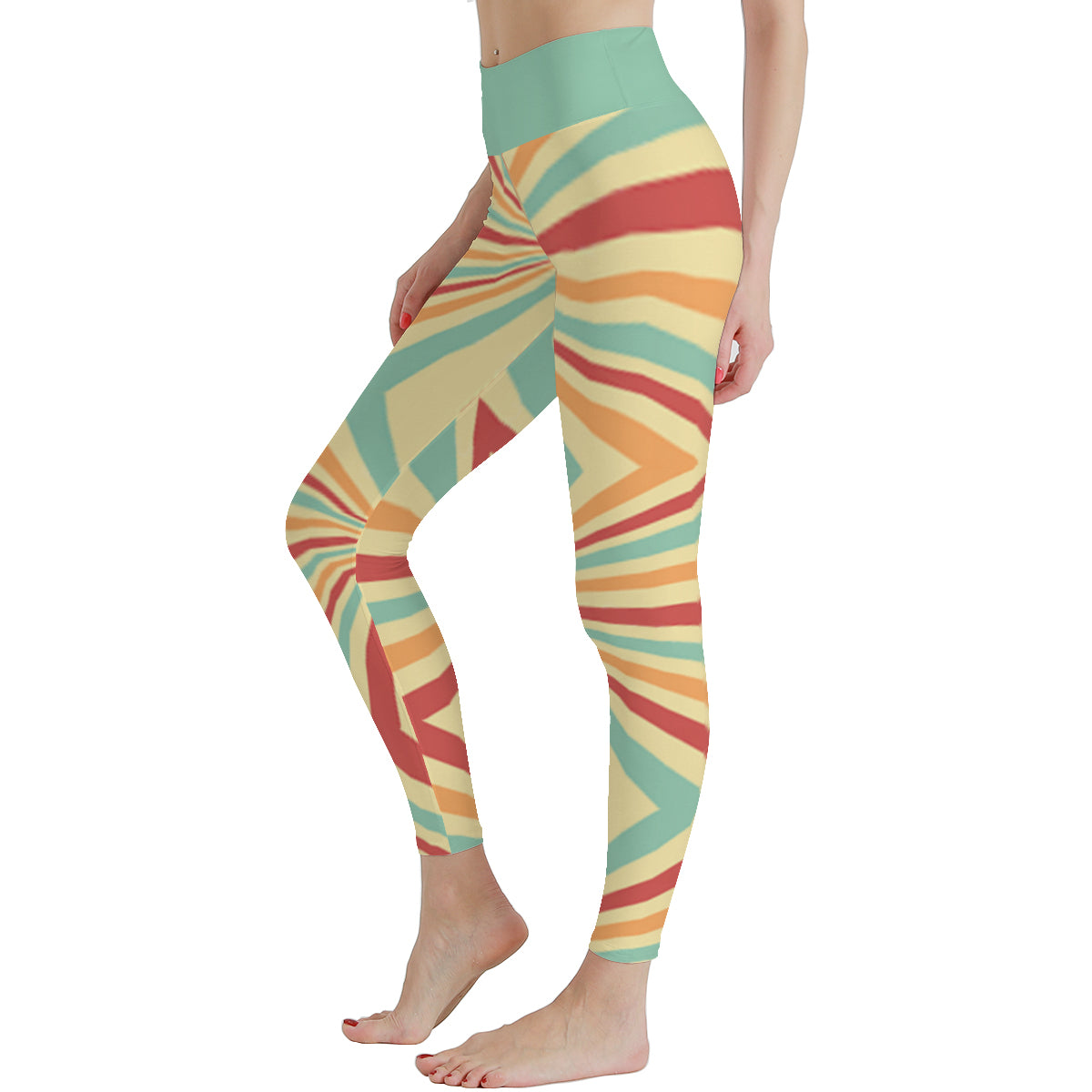 A pair of high-waisted leggings with a multicolored geometric stripe pattern. The leggings are primarily green at the top, transitioning into a series of vibrant stripes.
