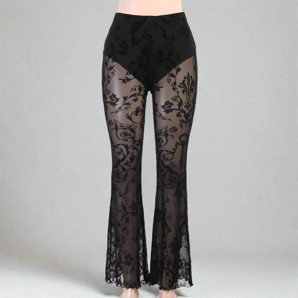 Women's Sheer Floral Lace Flare Pants